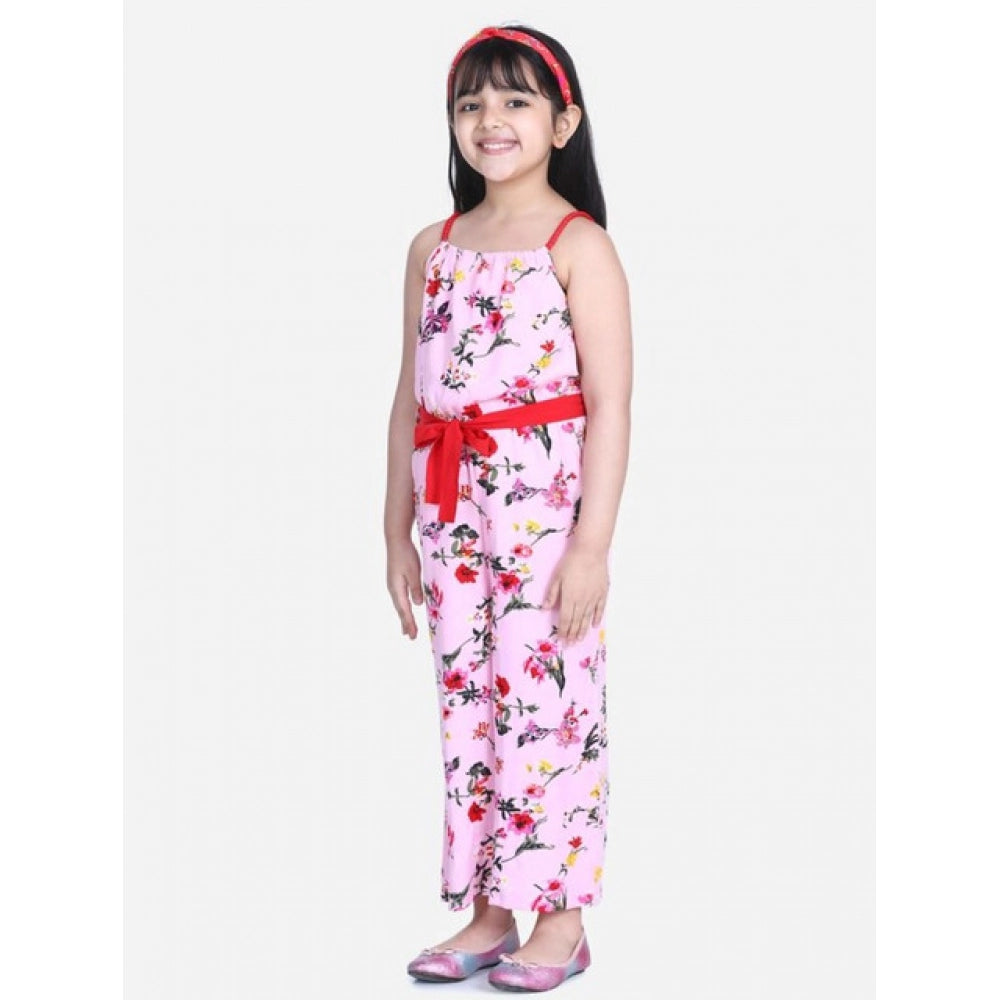 Girl'S Polyester Crepe Floral Shoulder Straps Jumpsuit (Pink-R