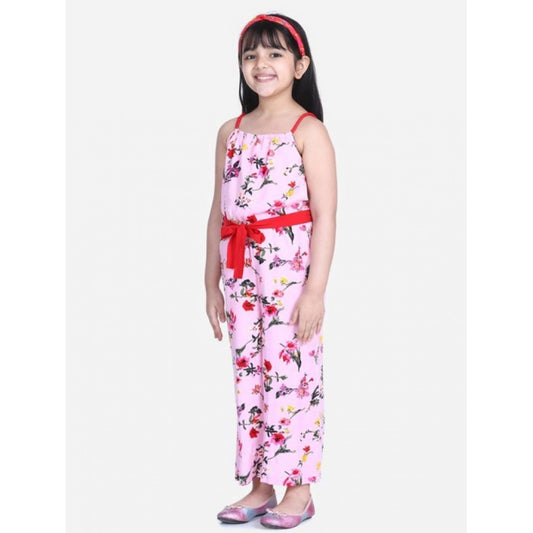 Girl'S Polyester Crepe Floral Shoulder Straps Jumpsuit (Pink-R