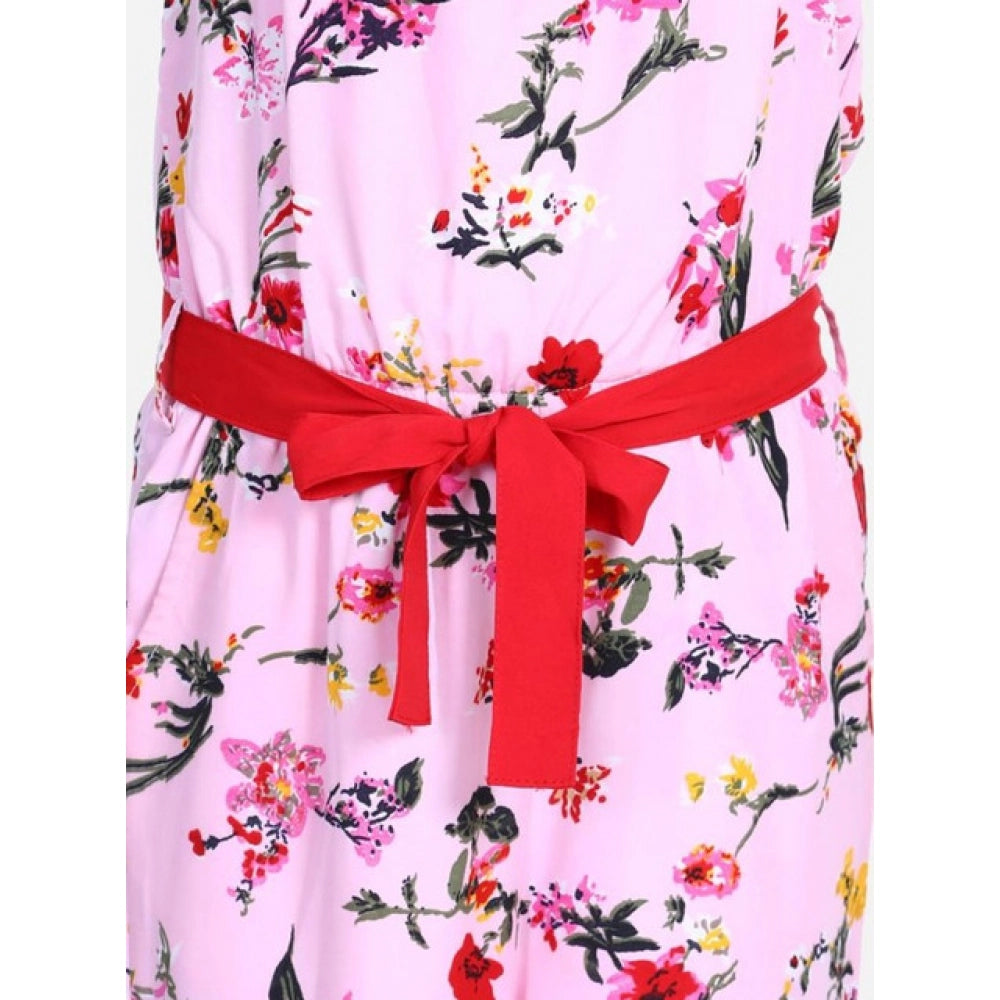 Girl'S Polyester Crepe Floral Shoulder Straps Jumpsuit (Pink-R