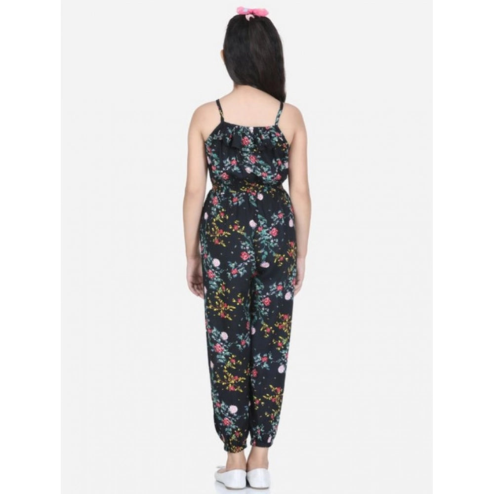 Girl'S Rayon Flamingo Print Sleeveless Jumpsuit (Black-Multico