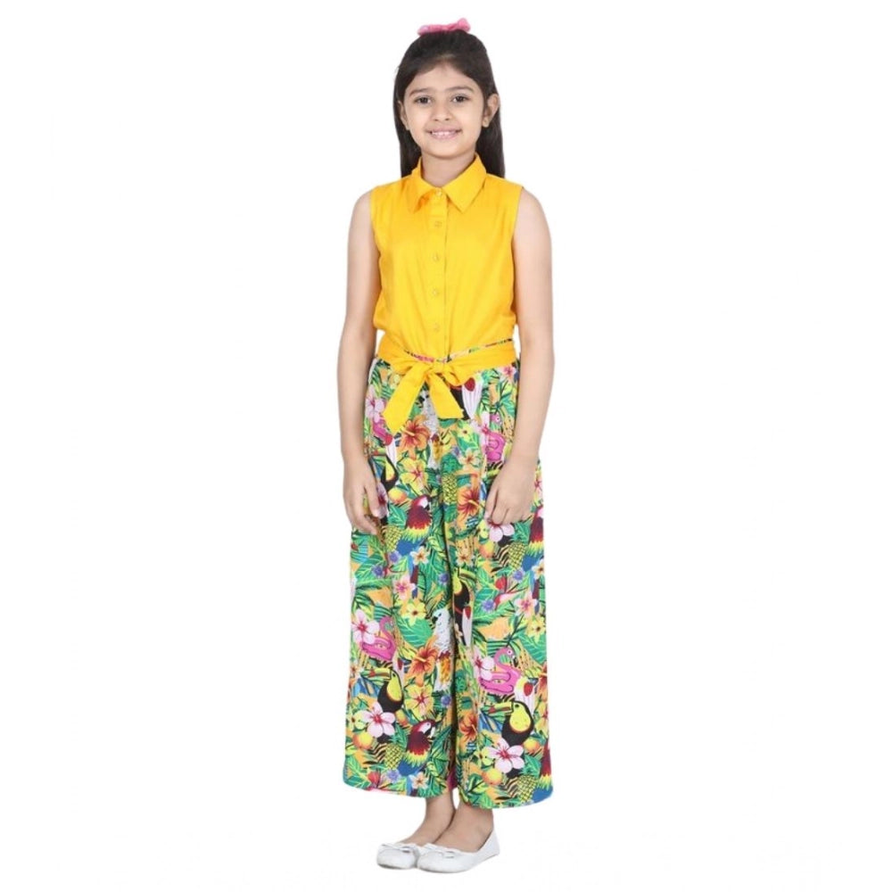 Girl'S Rayon Flamingo Print Sleeveless Jumpsuit (Yellow-Multic