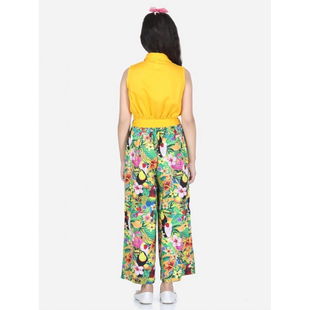 Girl'S Rayon Flamingo Print Sleeveless Jumpsuit (Yellow-Multic