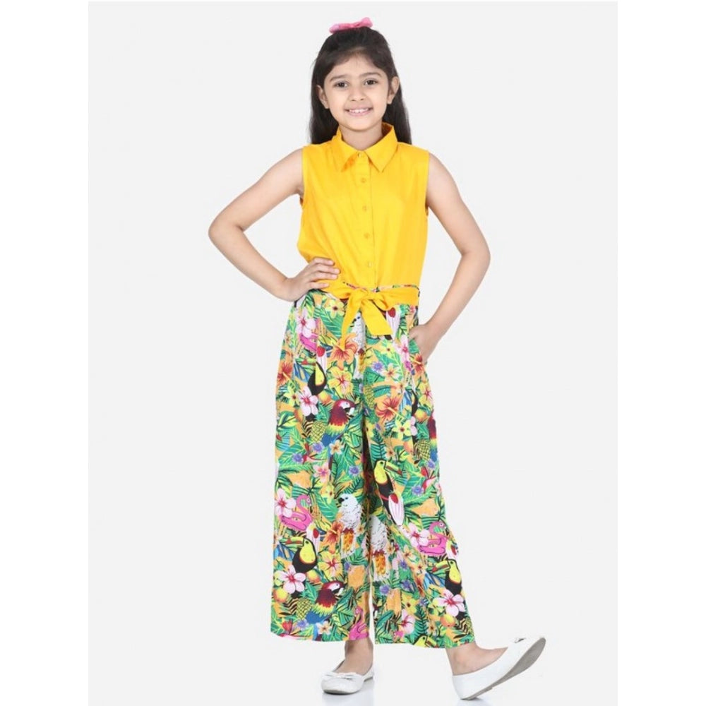 Girl'S Rayon Flamingo Print Sleeveless Jumpsuit (Yellow-Multic