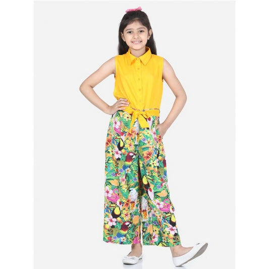 Girl'S Rayon Flamingo Print Sleeveless Jumpsuit (Yellow-Multic