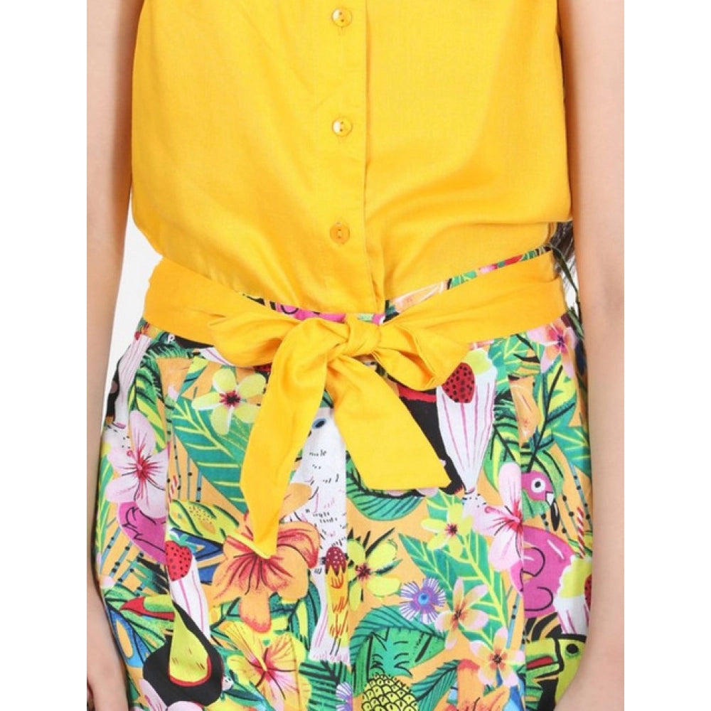 Girl'S Rayon Flamingo Print Sleeveless Jumpsuit (Yellow-Multic