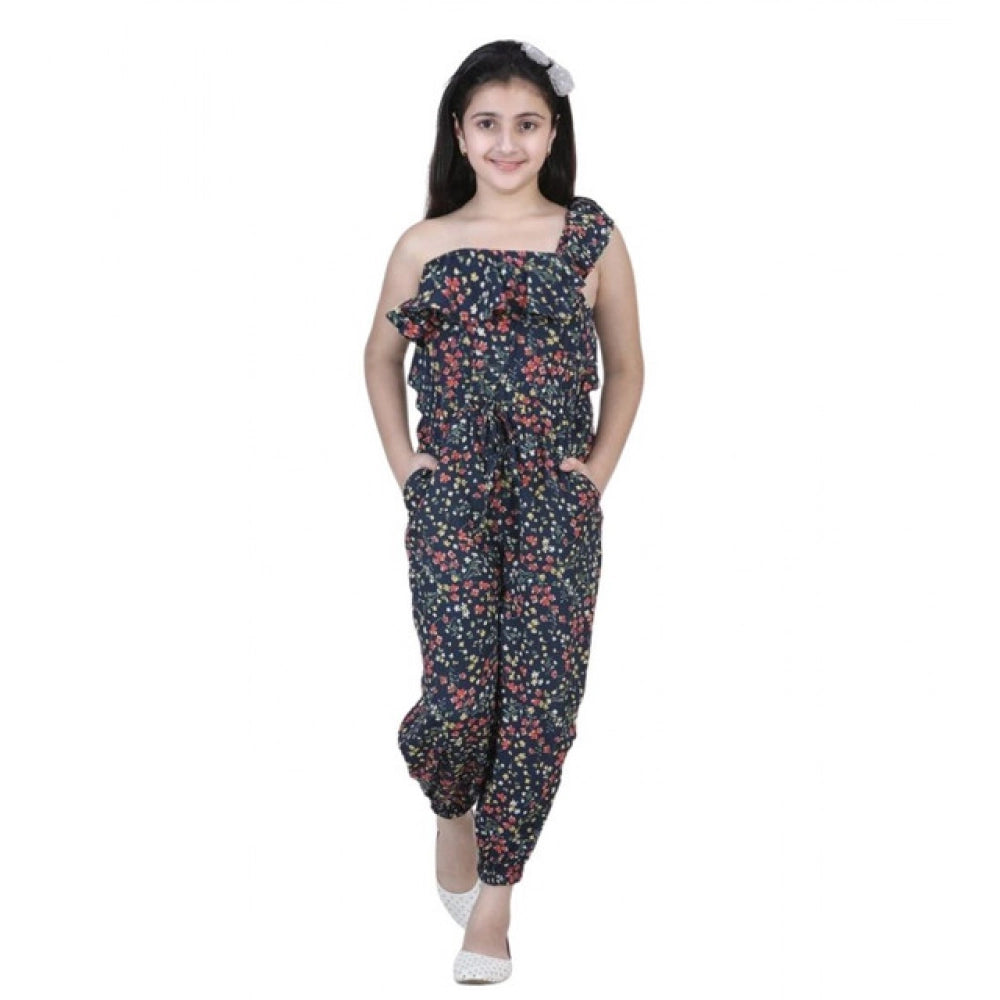 Girl'S Polyester Moss Floral Sleeveless Jumpsuit (Multicolor)