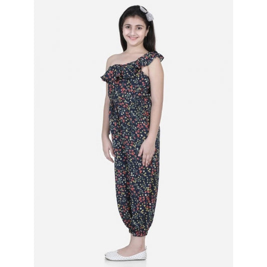 Girl'S Polyester Moss Floral Sleeveless Jumpsuit (Multicolor)