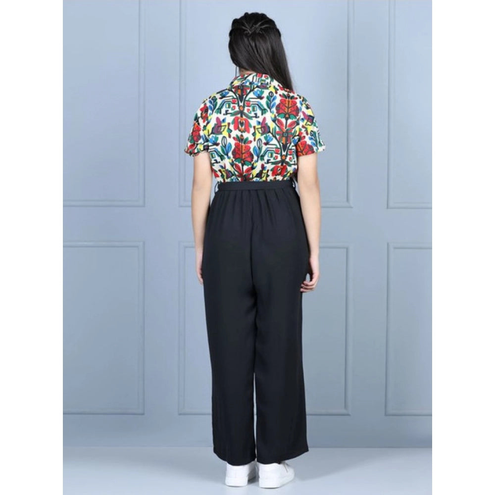 Girl'S Polyester Printed Short Sleeves Jumpsuit (Multicolor-Bl