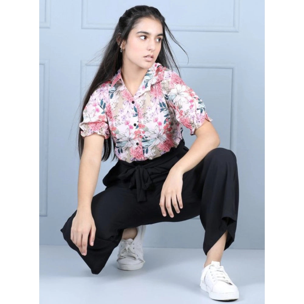 Girl'S Polyester Floral Short Sleeves Jumpsuit (White-Black)