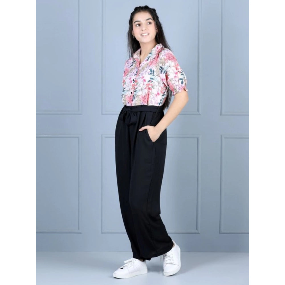 Girl'S Polyester Floral Short Sleeves Jumpsuit (White-Black)