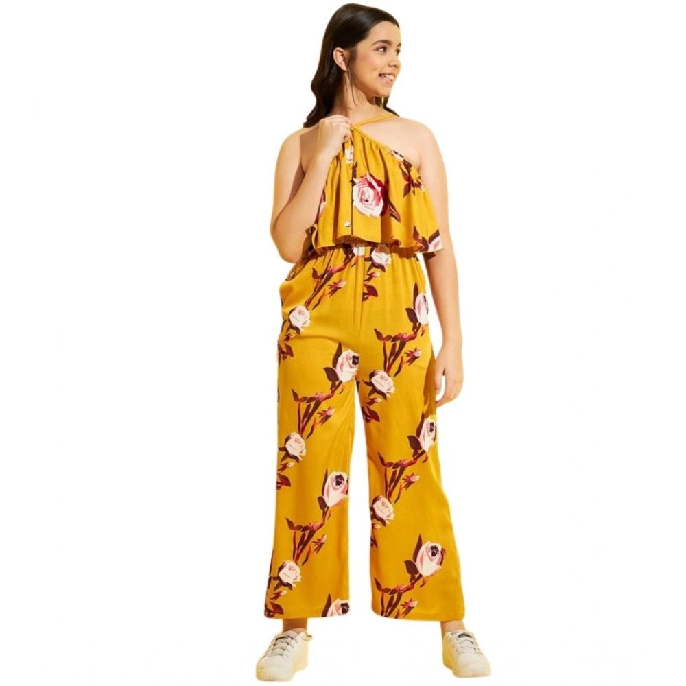 Girl'S Polyester Crepe Floral Sleeveless Jumpsuit (Mustard)