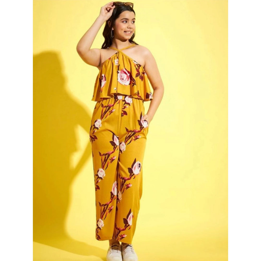 Girl'S Polyester Crepe Floral Sleeveless Jumpsuit (Mustard)