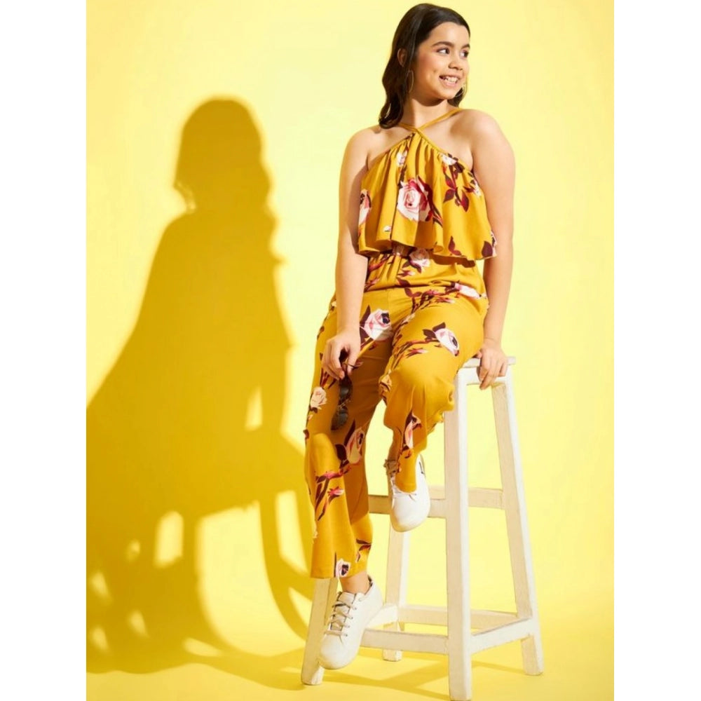 Girl'S Polyester Crepe Floral Sleeveless Jumpsuit (Mustard)