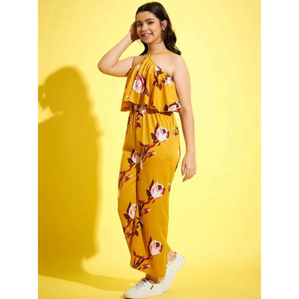 Girl'S Polyester Crepe Floral Sleeveless Jumpsuit (Mustard)