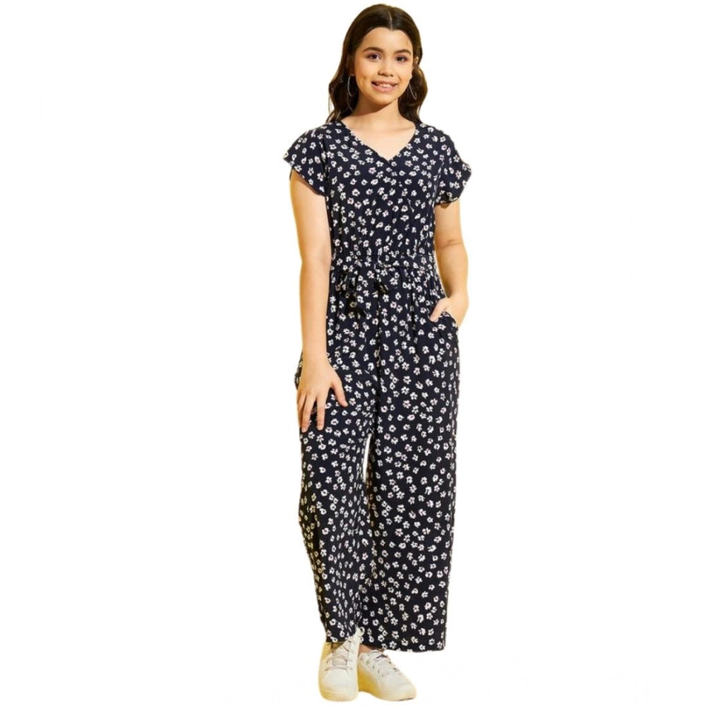 Girl'S Polyester Moss Floral Short Sleeves Jumpsuit (Navy-Whit