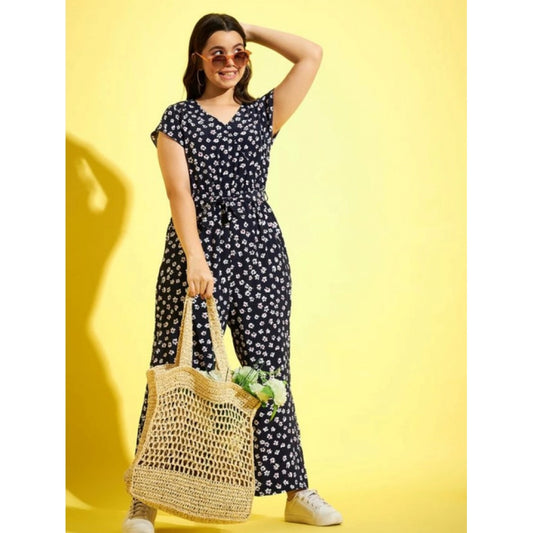 Girl'S Polyester Moss Floral Short Sleeves Jumpsuit (Navy-Whit