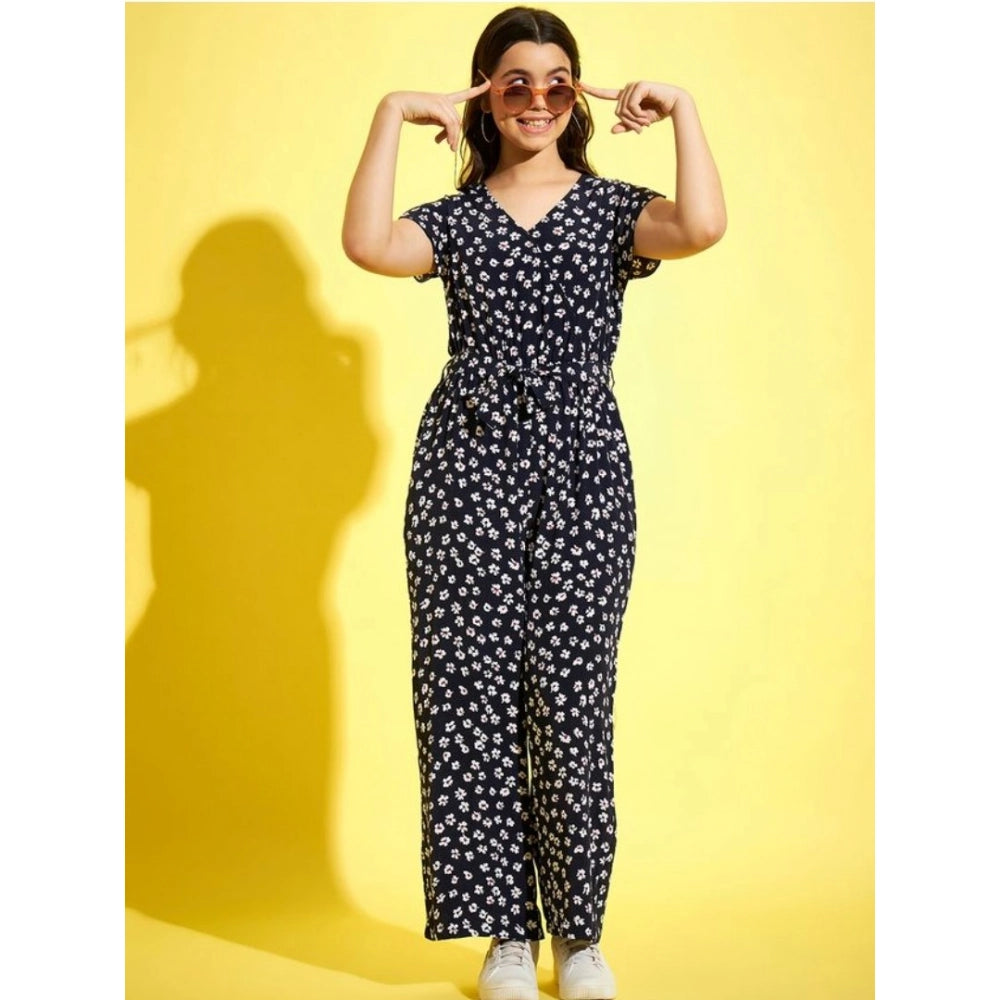 Girl'S Polyester Moss Floral Short Sleeves Jumpsuit (Navy-Whit