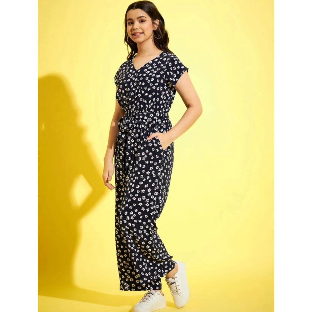 Girl'S Polyester Moss Floral Short Sleeves Jumpsuit (Navy-Whit