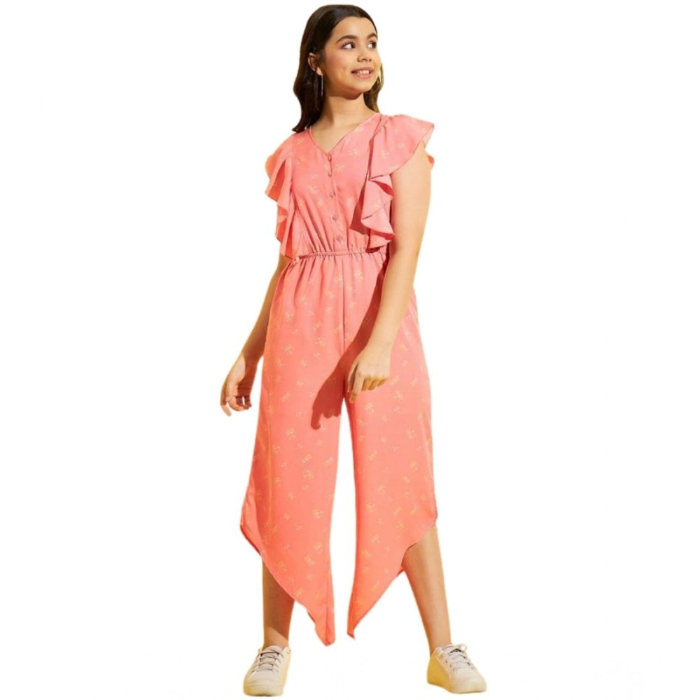 Girl'S Polyester Floral Sleeveless Jumpsuit (Pink)