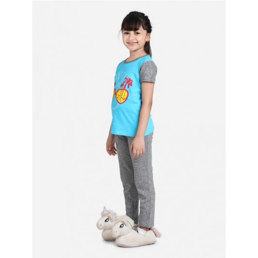 Girl'S Cotton Hosiery Printed Night Suit Set (Blue-Grey)