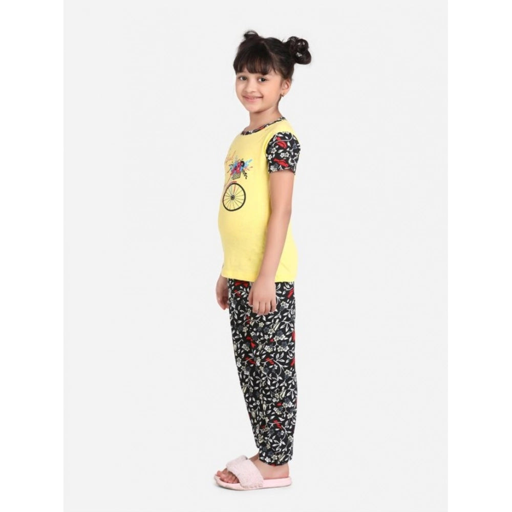 Girl'S Cotton Hosiery Printed Night Suit Set (Yellow-Black)