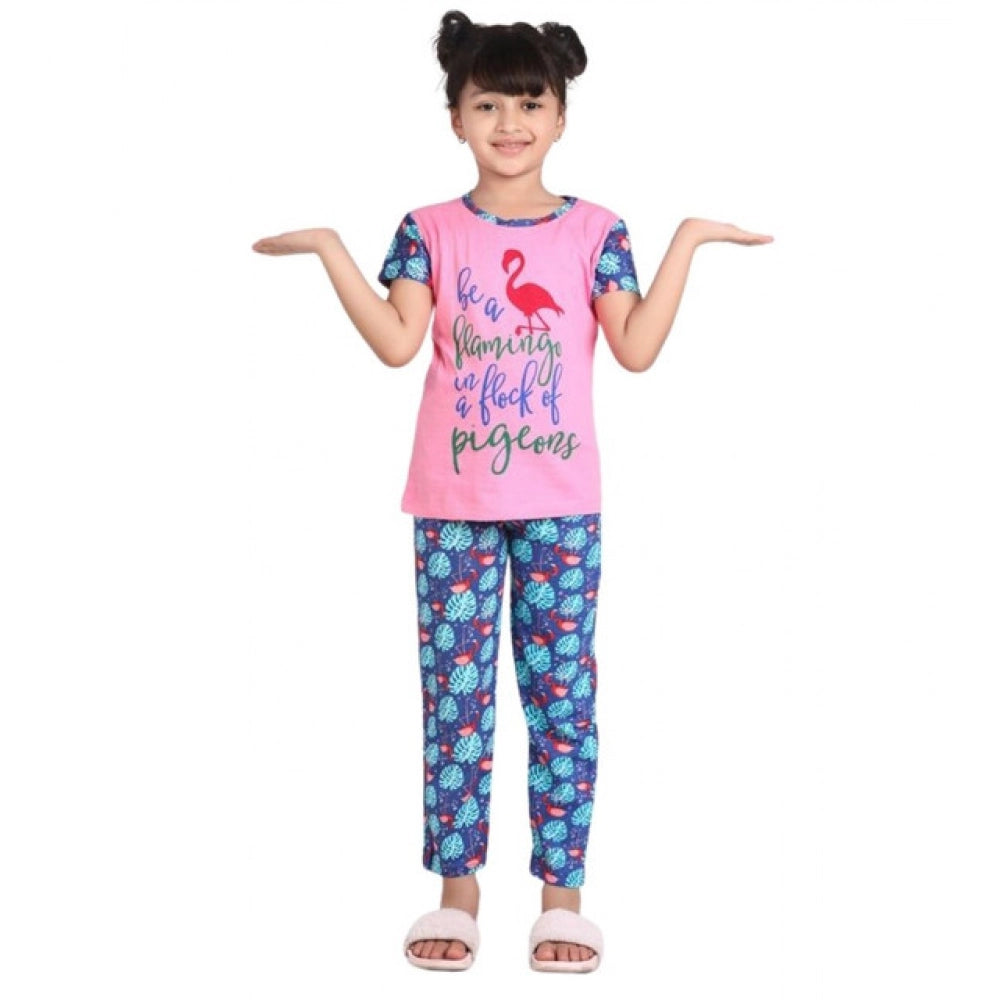 Girl'S Cotton Hosiery Printed Night Suit Set (Pink-Blue)