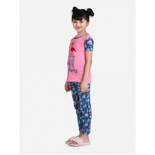 Girl'S Cotton Hosiery Printed Night Suit Set (Pink-Blue)