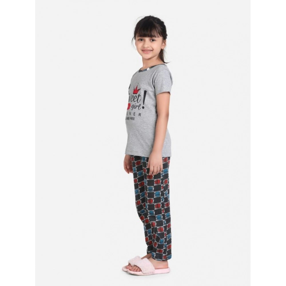 Girl'S Cotton Hosiery Printed Night Suit Set (Grey-Red)