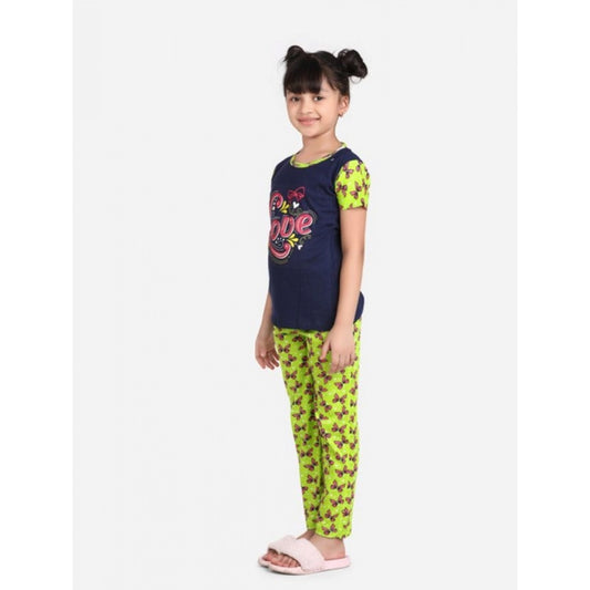 Girl'S Cotton Hosiery Printed Night Suit Set (Navy-Green)