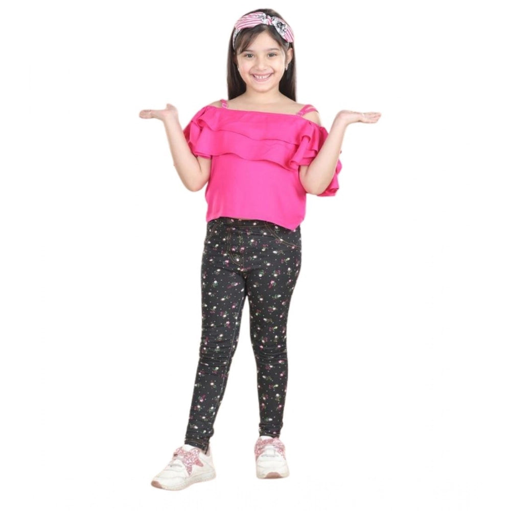 Girl'S Cotton Floral Elasticated Jegging And Top Set (Pink)