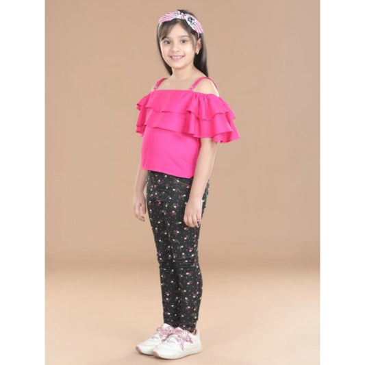 Girl'S Cotton Floral Elasticated Jegging And Top Set (Pink)