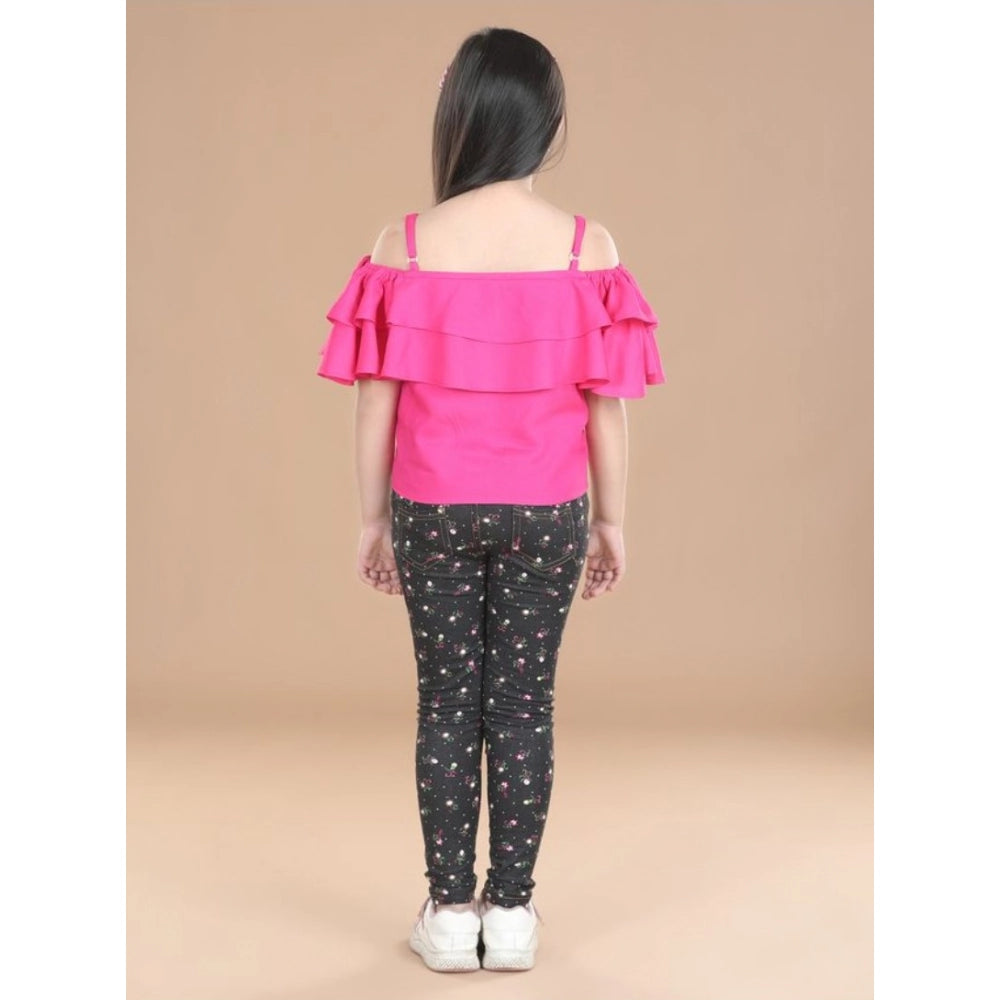 Girl'S Cotton Floral Elasticated Jegging And Top Set (Pink)