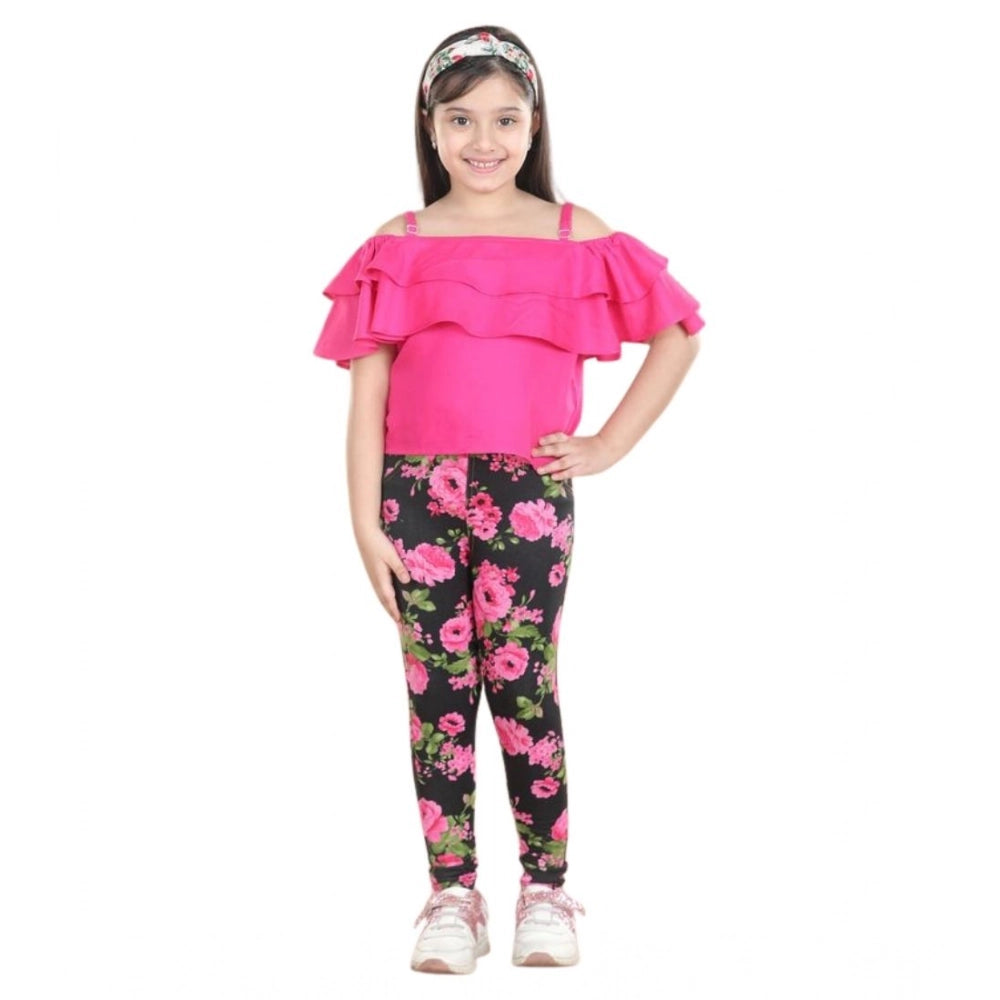 Girl'S Cotton Floral Elasticated Jegging And Top Set (Black-Pi