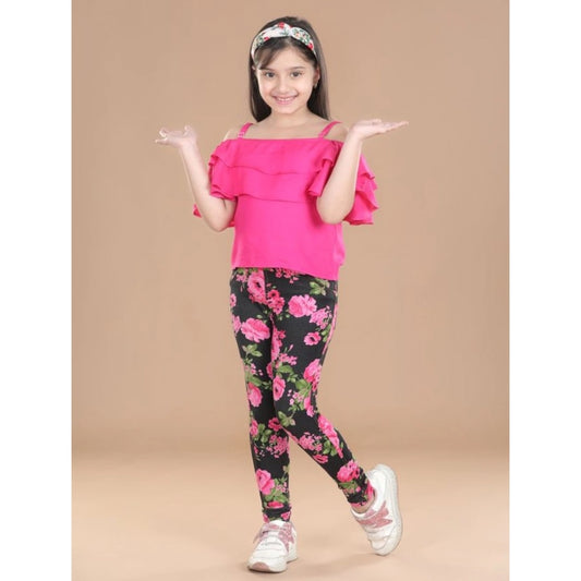 Girl'S Cotton Floral Elasticated Jegging And Top Set (Black-Pi