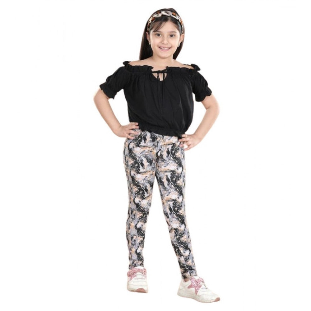Girl'S Cotton Floral Elasticated Jegging And Top Set (Black)