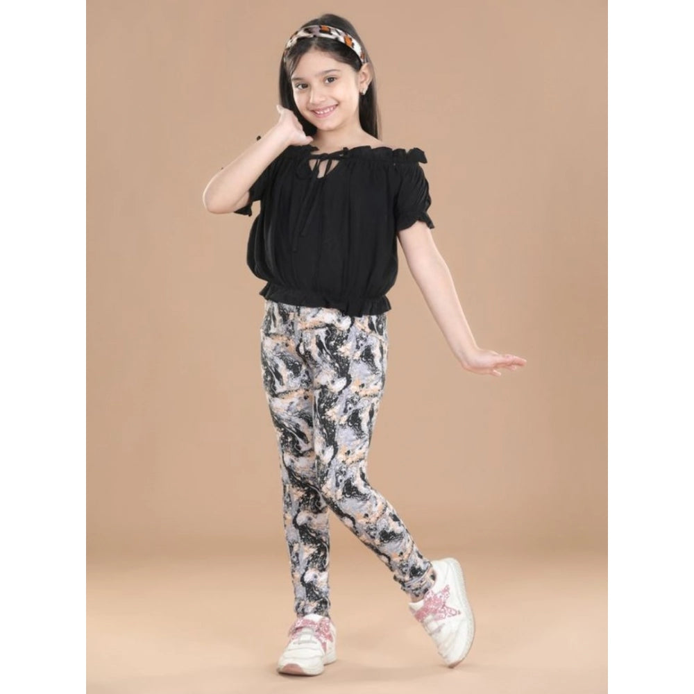 Girl'S Cotton Floral Elasticated Jegging And Top Set (Black)