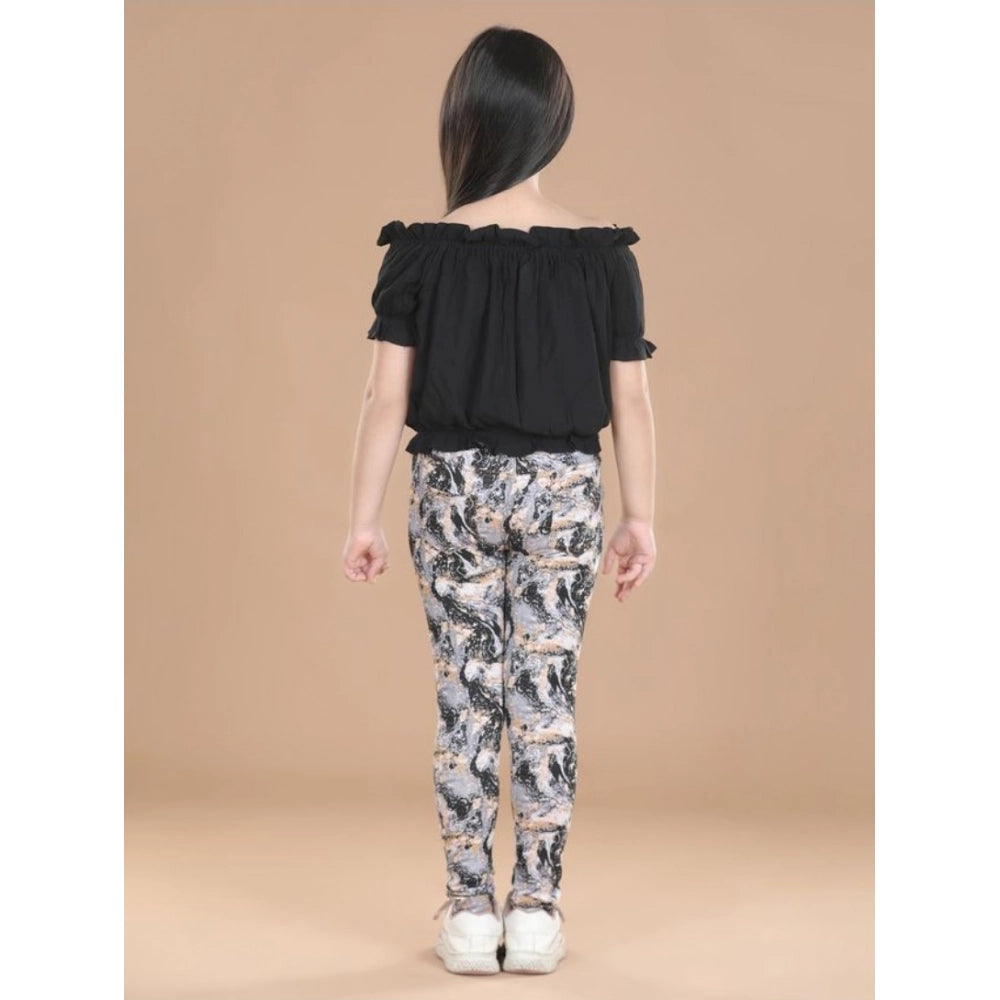 Girl'S Cotton Floral Elasticated Jegging And Top Set (Black)