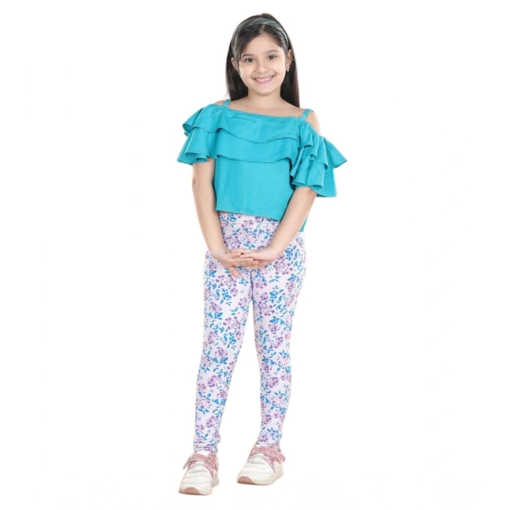Girl'S Cotton Floral Elasticated Jegging And Top Set (Turquois
