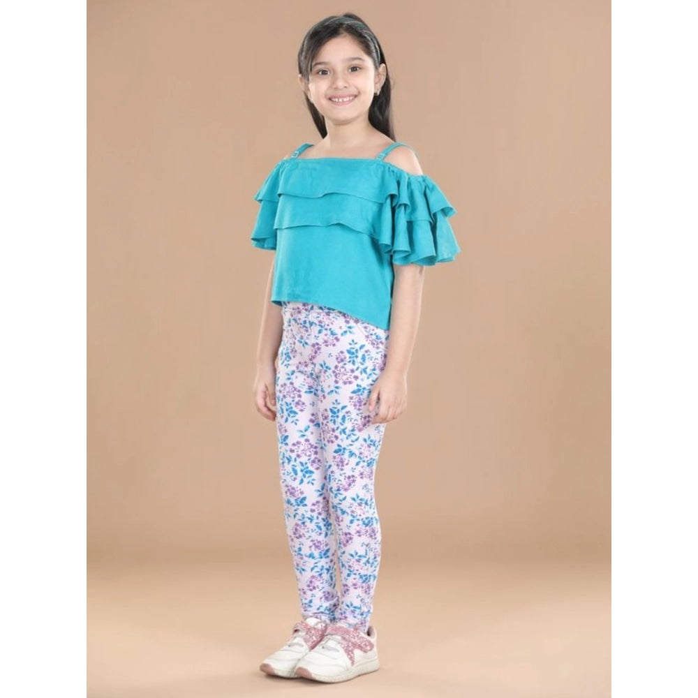Girl'S Cotton Floral Elasticated Jegging And Top Set (Turquois