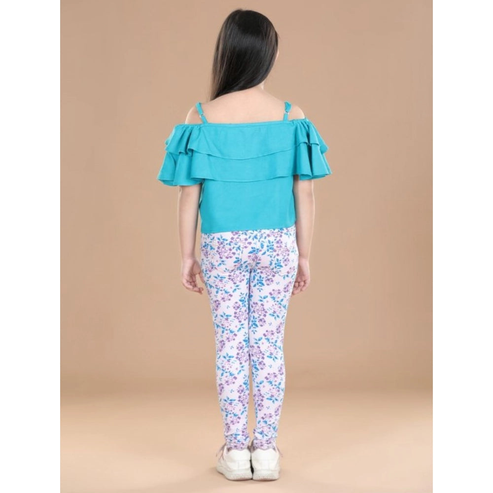 Girl'S Cotton Floral Elasticated Jegging And Top Set (Turquois