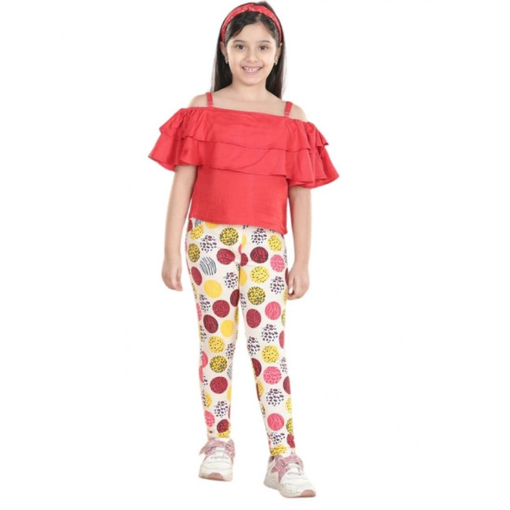 Girl'S Cotton Floral Elasticated Jegging And Top Set (Red)