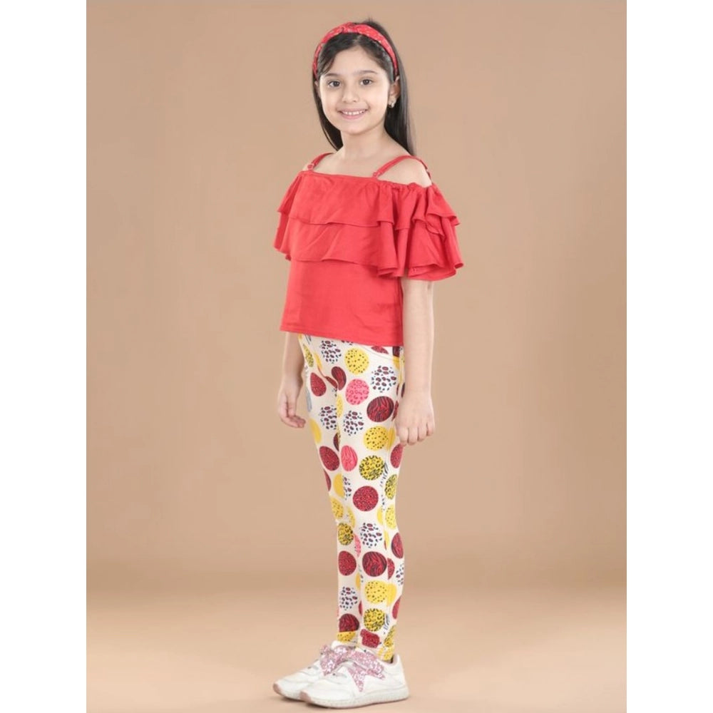 Girl'S Cotton Floral Elasticated Jegging And Top Set (Red)