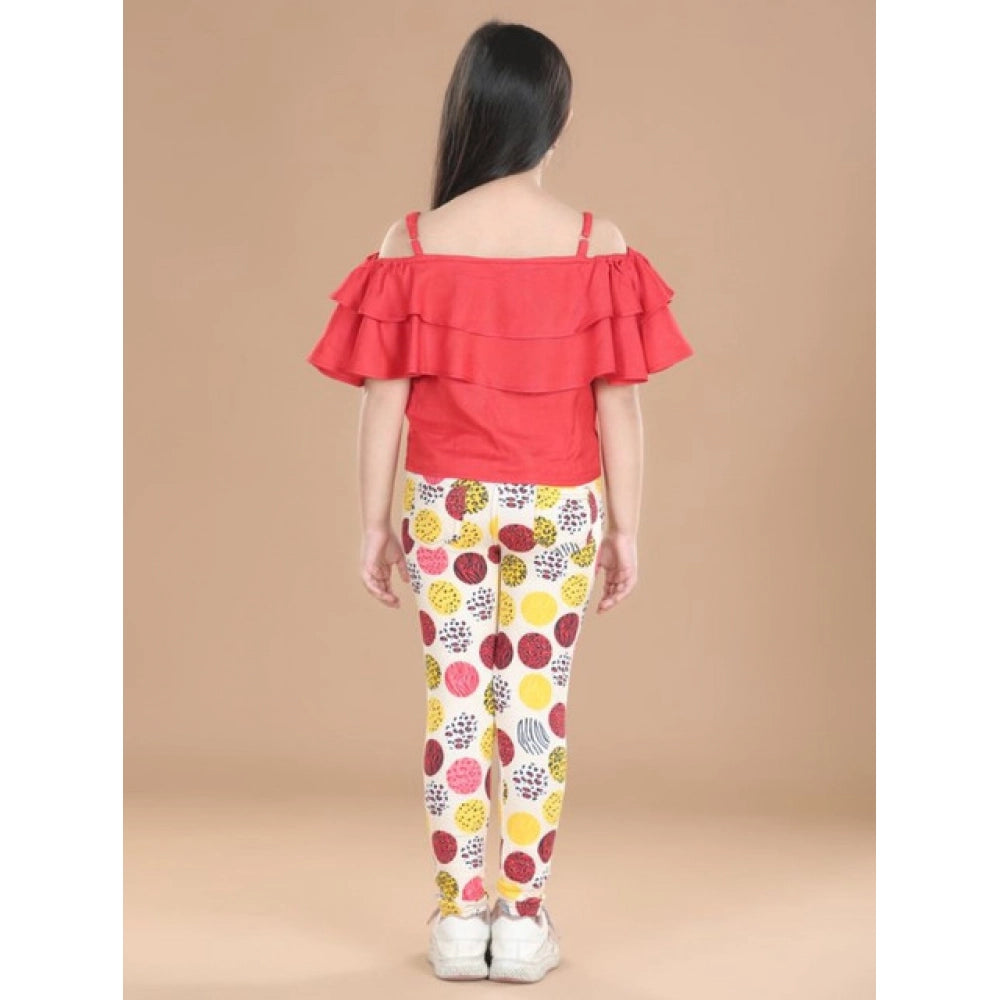 Girl'S Cotton Floral Elasticated Jegging And Top Set (Red)