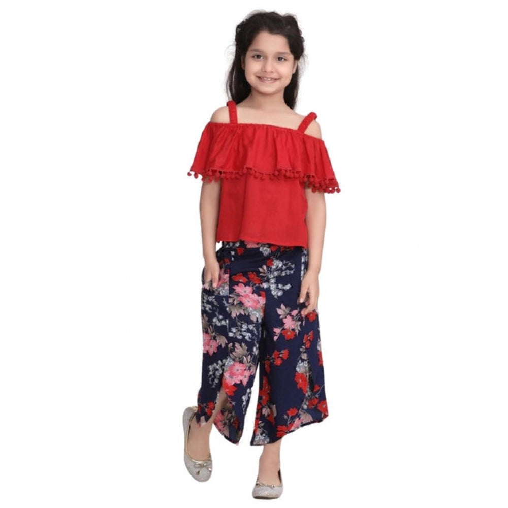 Girl'S Rayon Crepe Printed Cold Shoulder Top And Pants Set (Re