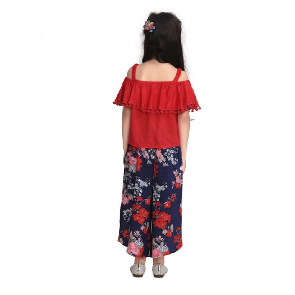 Girl'S Rayon Crepe Printed Cold Shoulder Top And Pants Set (Re