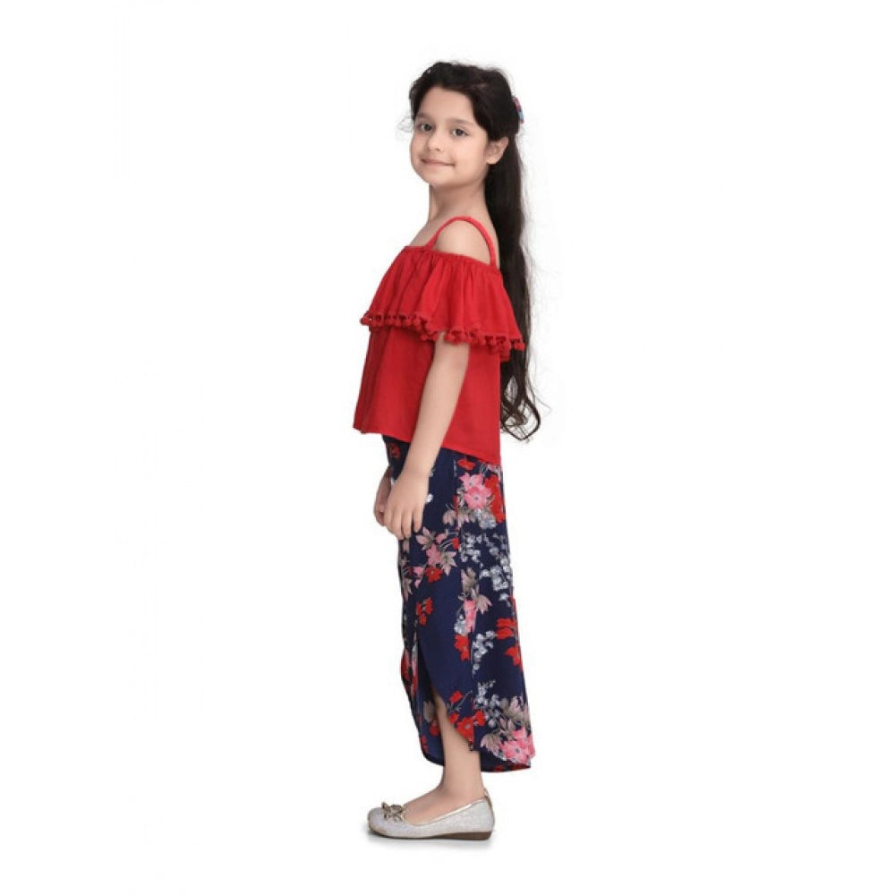 Girl'S Rayon Crepe Printed Cold Shoulder Top And Pants Set (Re