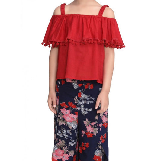 Girl'S Rayon Crepe Printed Cold Shoulder Top And Pants Set (Re