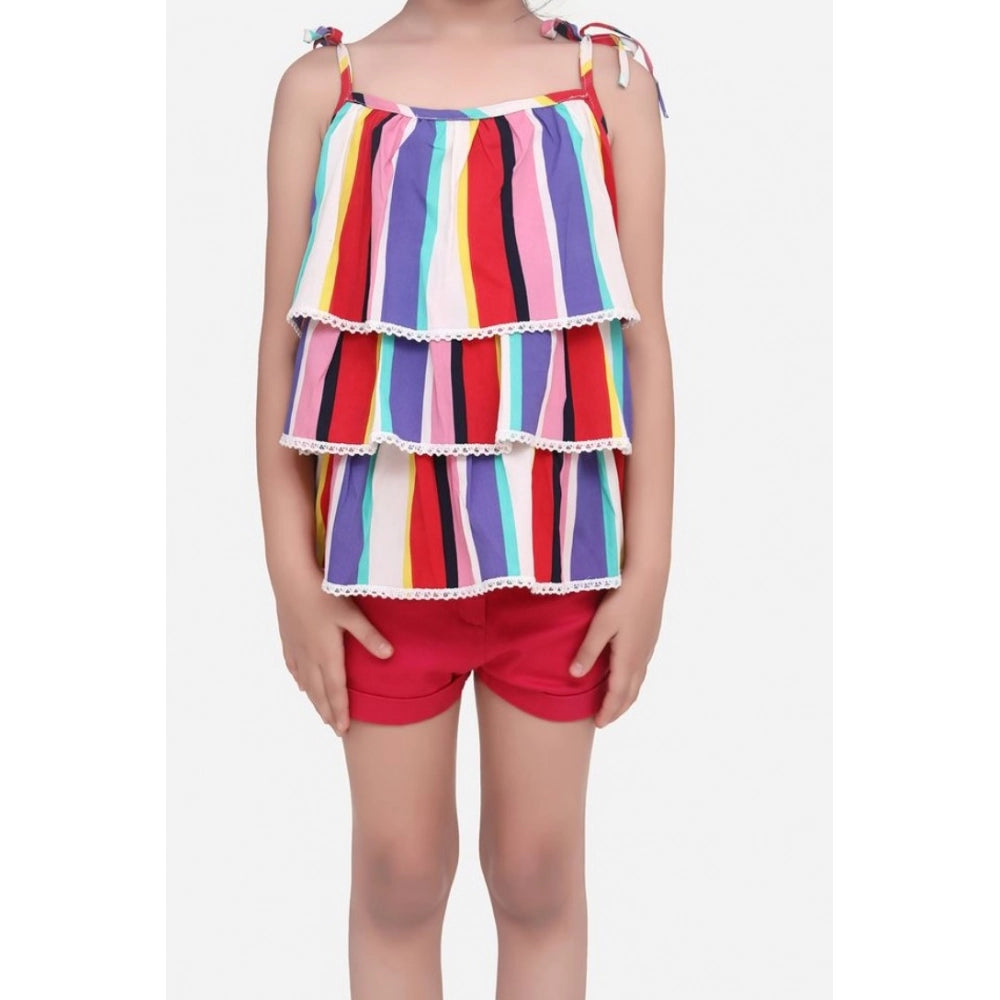 Girl'S Polyester Crepe Striped Tie Ups Shorts Set (Multicolor)