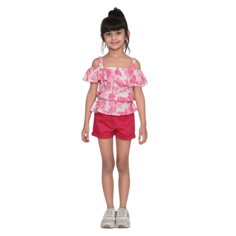 Girl'S Cotton Floral Cold Shoulder Top And Shorts Set (Pink-Re