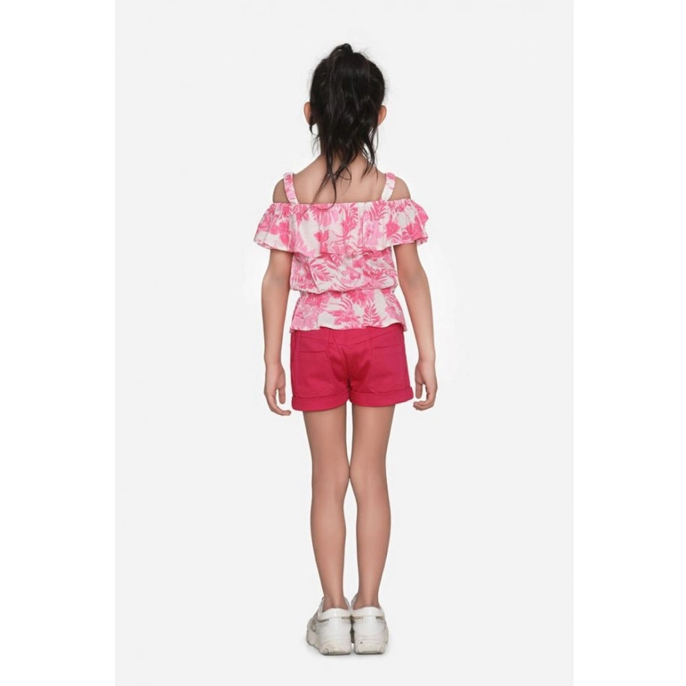 Girl'S Cotton Floral Cold Shoulder Top And Shorts Set (Pink-Re